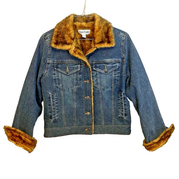 Vintage Marvin Richards Blue Jean Denim Jacket Faux Fur‎ Lining Women's Medium - Picture 1 of 4
